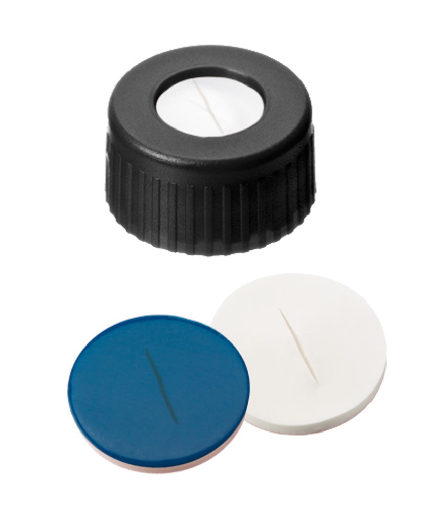 Tappi in PP 9mm neri con foro centrale, setto silicone bianco/PTFE blu,  pretagliato. Cf.1000 pz - Permax