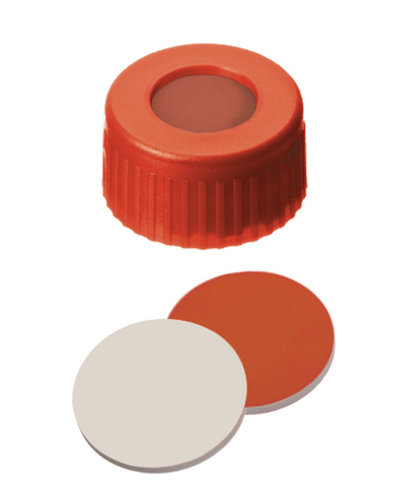 Tappi in PP 9mm rossi con foro centrale, setto gomma rossa/PTFE beige  Cf.1000 pz. - Permax